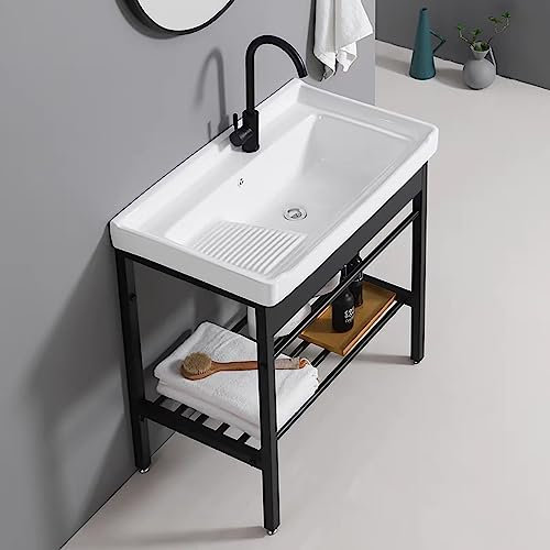 Lavandino In Ceramica Bianco, Lavabo Autoportante Con Rubinetto, Lavatoio Con Piedistallo Supporto In Acciaio Inossidabile, Lavello Per Lavanderia, Per Lavanderia, Ripostiglio, Garage, Cantina (Size