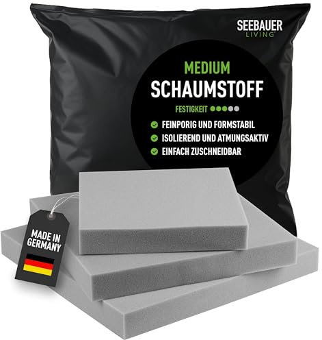 SEEBAUER Living Schaumstoff MEDIUM RG 35/40 (Mittelfest) 30 x 30 x 8 cm Schaumstoffplatte für Polster und Sitzkissen, Polsterschaumstoff als Zuschnitt für Sitzpolster