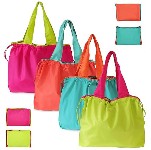Realand 4 Pack große Heavy Duty Ripstop Einkaufstaschen bunte faltbare Tote Bulk mit Beutel & Drawstring Maschine waschbar Nylon Taschen leicht für Tasche