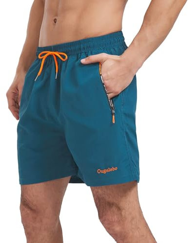 Ougelebo Badehose Herren Badeshorts Herren Kurz Schnelltrocknend Männer Schwimmhose Schwimmshort mit Reißverschluss Swimming Shorts Men Pfauenblau 3XL