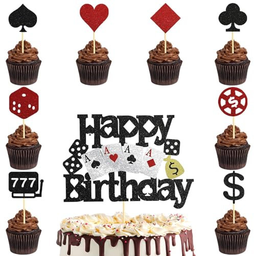 25 Stück Poker Tortendeko Geburtstag Happy Birthday Cake Toppers Unterhaltung Themen Torten Dekoration Casino Kuchen Topper Kuchen Deko für Geburtstagsfeier Babypartys Hochzeiten Party Dekoration