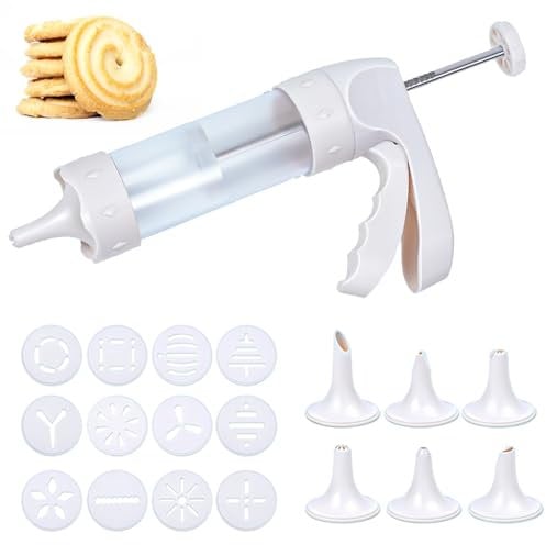 CAREDGO Presse à Biscuits, Pistolet à Pâtisserie avec 12 Disques Biscuits et 6 Douilles Seringue à Pâtisserie en Plastique Machine à Churros Machine à Biscuits pour la Fabrication de Biscuits Gâteaux