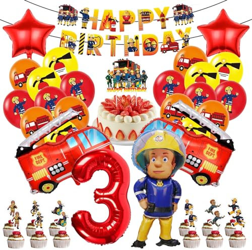 LETTERASHQP Feuerwehr Deko Kindergeburtstag 3 Jahre feuerwehr luftballon Feuerwehr Geburtstag Deko Jungen 3 Jahre Feuerwehr Tortendeko Geburtstagsdeko Feuerwehrmann Deko Geburtstag 3 Jahre Jungen