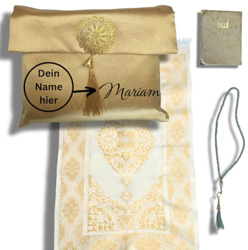 Gebetsteppich gold Islam Geschenkset mit Gebetskette, Gebetsbuch (Tesbih) und Tasche to go | Muslimische Ramadan | Dekoration Islam | Gebets-Teppich schwarz | Islamische Geschenke | Prayer mat