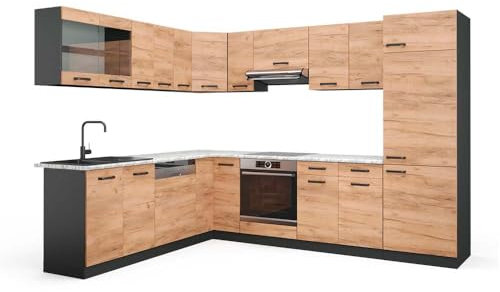 Vicco Eckküche R-Line, Goldkraft Eiche/Anthrazit, 227 x 287 cm, AP Marmor