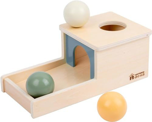 Adena Montessori Object Permanence Box mit Tablett, DREI Holzkugeln, Montessori-Spielzeug für 6–12 Monate alte Babys (kleine Box– Morandi-Farbe)