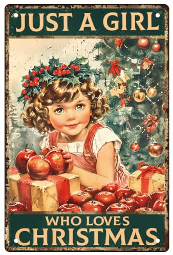 WEBEEDY Weihnachten Retro Metall Blechschild Mädchen Das Weihnachten Liebt Blechschild Weihnachts Wandkunst Dickblech Druckposter Für Zuhause Geschäft Wanddekorationen 20 x 30cm