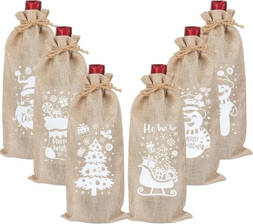 DERAYEE Sac à Bouteilles de Vin en Lin Kaki pour Noël 6PCS, Emballage Cadeau, Lin pour Bouteille