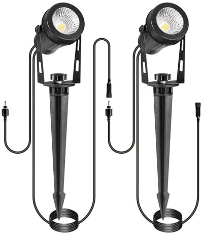 IRISECO Garden Spotlights Mains Powered, 2 Pack Extension Garden Uplighters with 3M Cable for 12V Low Voltage Warm White Outdoor Spot Lights, IP65 Waterproof Spike Lighting (No Plug)