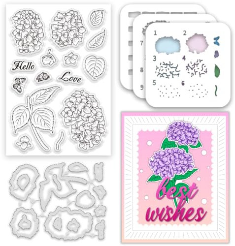 BEUNITONE Transparent Stempel Schablone und Stanze Set Mehrschichtige Blume Stempel Hortensie Dekoration Stempel und stirbt Blume Hintergrund Färbung Vorlage für Fotoalbum Home Decoration