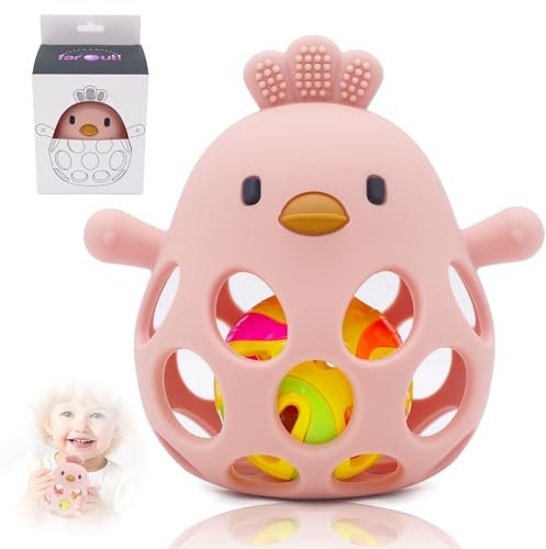 farout Montessori Beißring & Rassel für Babys - Sensorik Spielzeug ab 0 Monate, Zahnungshilfe & Greifball - Geschenk für Jungen & Mädchen (Flesh Pink)