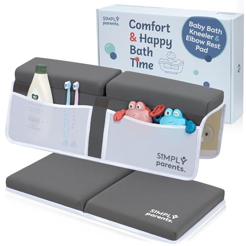 Juego de rodilleras y coderas de baño para bebé, de secado rápido, antideslizante, para bañar a niños pequeños, bolsillos organizadores de juguetes, caja de regalo, accesorios para bañera, color gris