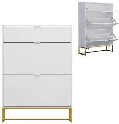 UEV Schuhschrank mit 2 Klappen und 1 Schublade, Schuhregal schmal, Schuhkommode mit V-förmigem Muster, Schuhkipper für Wohnzimmer Flur, 80x24x122cm, Weiß