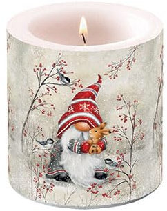 Kerze Weihnachten Niedlicher Zwerg mit Hase als Tischdeko. Motivkerze rund klein für den gedeckten Tisch Ø7,5 x 9cm