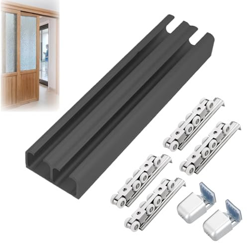 Rail porte coulissante Quincaillerie De Porte À Double Poche Noir/ Argent, Kits De Rail De Réparation De Porte Patio Coulissante Extérieure, Remplacement De Rail De Porte Coulissante(Black,18ft/548.6c