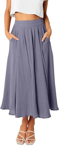 REORIA Women Maxi Pleated Skirt High Waist A-line Skirt Ladies Midi Skirts Elegant Long Skirt with Elastic Waistband and Pockets Grey S