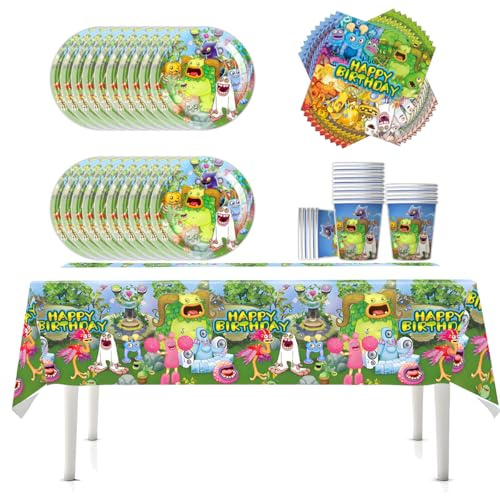 Fuwraixis Singende Monster Partygeschirr, Smiley Monster Kindergeburtstag Geschirr, Spielthema Partyzubehör Paket, Pappteller Pappbecher Servietten Tischtuch, Für 20 Personen