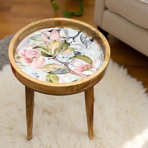 Hartsmede Mango Wood Side Table 13 – Marrakesh Handmade Eco-Friendly Boho Accent with 22 Resin-Coated Enamel Top, Detachable Legs, Lightweight Small Round End or Bedside Table (Spring Flower)