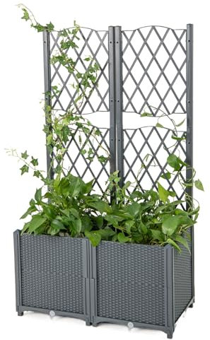 RELAX4LIFE Blumenkasten mit Rankgitter, Rankgitter mit Rattanoptik Pflanzkasten, Pflanzkübel mit Spalier, Hochbeet mit Rankhilfe, Spalier mit Blumentopf für Garten (Grau, 80 x 40 x 140 cm)