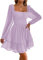Imily Bela Robe de soirée pour femme - Col carré - Mini robe en maille - Taille haute - Plissée - Manches longues - Invité de mariage - Avec volants, lilas, S