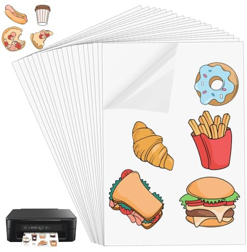 KYYGKY 20 Sheets Printable Sticker Paper A4 Waterproof Printable Vinyl Sticker Paper A4 Clear Stickers Papers Labels Self-Adhesive Vinyl Inkjet Film Decal Sheet for Inkjet Laser Printers, Transparent