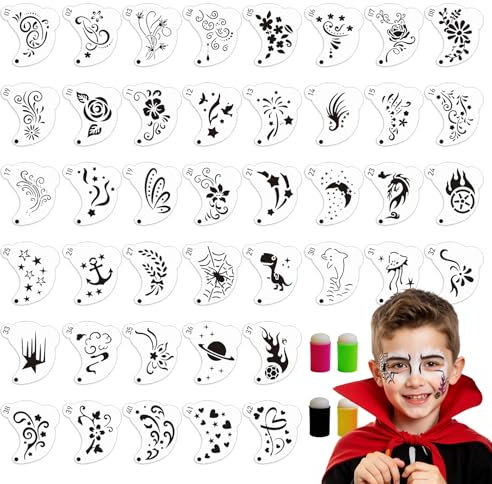 EAPIKON 42 Stencil Trucco Viso con 4 Spugnette da Dito, Stencil Pittura per Tatuaggi Bambini Adulto, Make-Up Stencils Occhi Riutilizzabili per Halloween Feste Compleanno Carnevale Natale