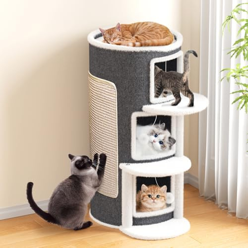 Bertifive Clawsable Cat House, Semi Enclosed Cat Beds for Indoor Cats Hideaway, Large Cat Cave Bed with Scratch Pad, Pet Condo with Hanging Ball & Stair for Muti Kitten (Grey, 39X39X90)