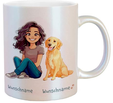 Birne3-design - Personalisierte Tasse mit Hund & Frau – Wunschnamen – Golden Retriever - schwarzhaarige Frau - Hundebesitzer - Hundemama – 330 ml (Glitzer)