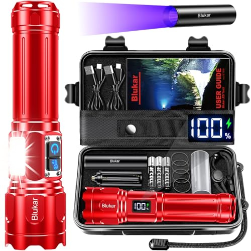 Blukar Taschenlampe LED 2 Farbtemperatur mit Hauptlicht & Seitlich COB | Aufladbar Extrem Hell Stufenlos Dimmbar Taschenlampen Zoombar Handlampe, 7 Modi Wasserdicht Flashlight,Rot