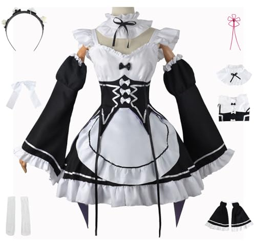 AYIMEIS Rem Ram Cosplay Kostüm Komplettes Set mit Perücke Maid Dress Anime Re Zero Cosplay Rem Ram Verkleidung Maid Kleid Halloween Karneval Party Bühnenauftritt Kostüm Erwachsene