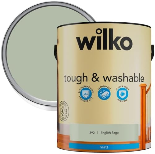 wilko Tough and Washable Paint 5L, English Sage, Matt Emulsion, Premium Quality Home Paint