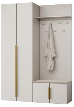 Mirjan24 Garderobe-Set Kerkin I, Kleiderschrank + Schuhschrank + Kleiderhakenbrett, Kleiderhaken, Flurgarderobe, Wandgarderobe (Sandbeige + Paros 02)
