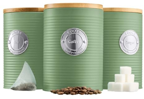Cooks Professional 3 Piece Ribbed Tea, Coffee, & Sugar Cannisters with Air-Tight Bamboo Lids | Stainless Steel Kitchen Storage Bin Set | Modern & Stylish | Green & Silver