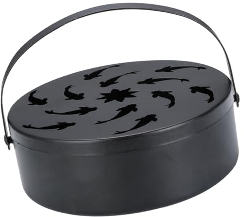 FELTECHELECTR Portable Black Iron Coil Holder with Handle and Inner Stand, Flying Fish Shape Incense Storage Box with Cover, Suitable for Outdoor Garden Patio Camping Use