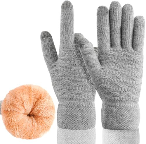 Warme Handschuhe für Damen, Winter, mit Touchscreen, gestrickt, Wolle und Fleece gefüttert, für Touchscreens - Grau - Einheitsgröße