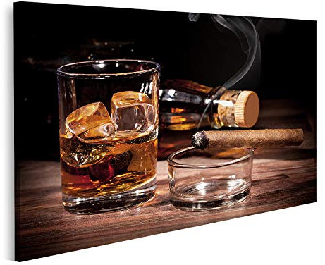 islandburner Cuadro en Lienzo Un Vaso de Whisky y un cigarro sobre Fondo Negro Cuadros Modernos Decoracion Impresión Salon