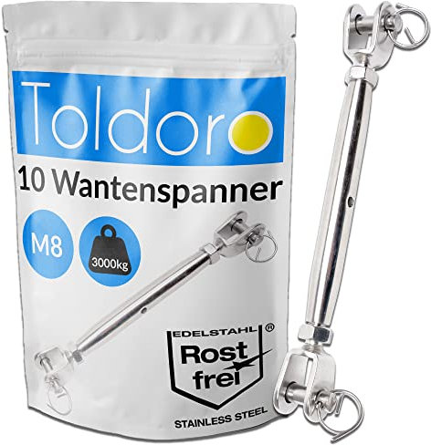 Toldoro® 10x M8 Wantenspanner Edelstahl rostfrei V4A / Sonnensegel Spanner, Spannschloss, Seilspanner, Drahtspanner Gabel als Sonnensegel Zubehör/geschlossene Form