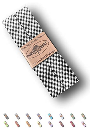 Sandras-Bastelladen Schrägband/Einfassband Baumwolle gefalzt 3m x 20mm - Vichy/Karo Muster 5001-Schwarz-Weiß