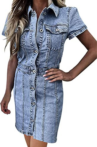 Onsoyours Damen Sommer Sexy Bodycorn Jeanskleid Mit Knopf Ärmelloses Denim Blau Mini Kleid Vintage Tasche Langes Dress Y Hellblau L