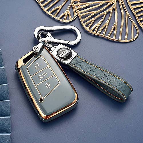 HIBEYO Smart Autoschlüssel Hülle passt für VW Golf Schutzhülle Schlüsselhülle Cover TPU für VW Magotan Passat CC B8 MK2 Variant Skoda Kodiaq Schlüsselbox Schlüsselanhänger Schlüsselgehäuse-Grau Blau