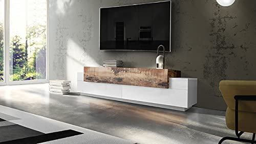 möbelando TV-Lowboard Rack Unterschrank Fernsehtisch HiFi Element Schrank Catania II Weiß Hochglanz/Ahorn Nachbildung