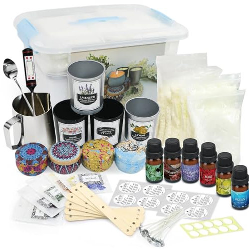 65PCS Kit de Fabricación de Velas, Kit de Regalo de Velas de Perfumadas Bricolaje, Kit para hacer velas Starter DIY Candle Set Vela Perfumada Regalos Cera de Soja, 8 Latas de Velas Aceites Aromáticos