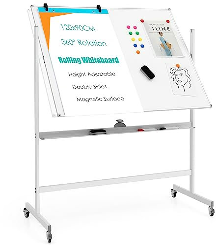 GOPLUS Tableau Blanc Effacable Hauteur Réglable 160-188CM avec 4 Roues, Tableau Blanc Magnetique Double Face Rotatif 360° Cadre en Aluminium, 1 Effaceur, 12 Aimants, 6 Marqueurs, Feuille de Papier