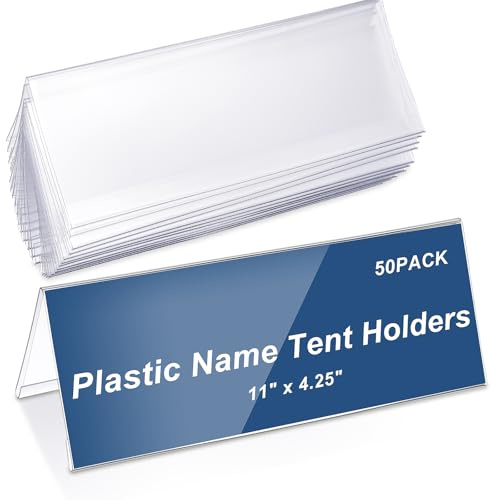 Vicenpal 50 Pieces Clear Plastic Name Tent Holders 11 x 4.25 Acrylic Name Plate for Desk PVC Card Tent Holder Desk Sign Frame for Table Office Business Conference Meeting Room School Display Stand