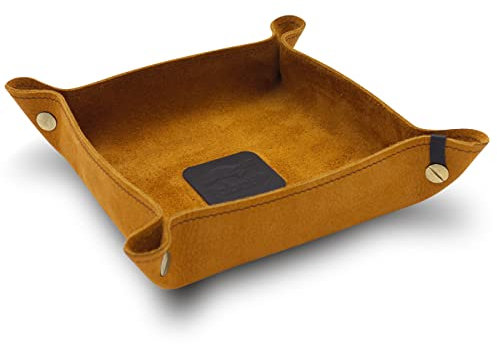 jabuti Edition Schlüsselschale/Taschenleerer 18 x 18cm feines Rindleder Curry mit Lamm Nappa Leder Applikationen Mokka. Handgefertigt in unserem Atelier