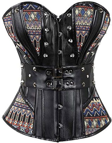REJOON Damen Steampunk Vollbrustkorsett Sexy Kunstleder Schwarz Punk Nieten Korsetts und Bustiers Taillentrainer Shaper (Color : Svart, Size : L.)