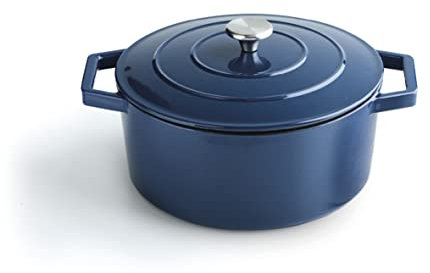 Qulinart by Brandt - Cocotte en Fonte d'Acier Ronde Individuelle 28 cm - Contenance 6,8 L - Couvercle en Fonte avec Bouton en Inox - Convient pour Induction - Passe au Four - Bleu