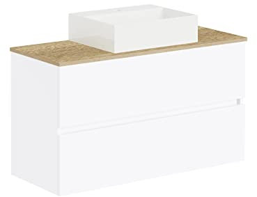Baikal Conjunto de baño Natura. Mueble de Baño de Fondo Reducido, con Lavabo cerámico sobre Encimera. Mueble Suspendido. Mueble MONTADO. Dos Cajones sin Espejo 90 cm Fondo de 39cm