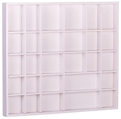DECOCRAFT Multi Compartment Wooden Wall Storage Display Unit Shelf 28 Individual Sections for Small Keepsakes, Essential Oils, DIY Jewellery, Toys, Cars, Natural White Wood
