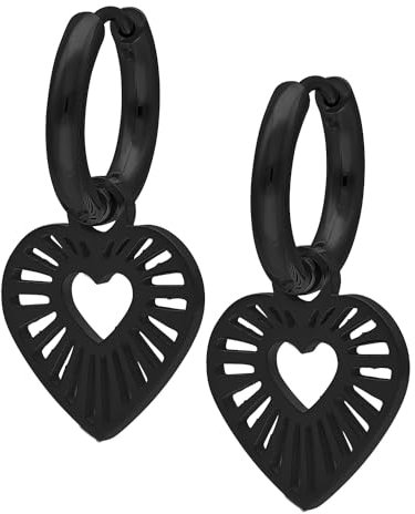 Wildcat Ohrringe - Little Radiant Heart Hoops - Creolen aus Edelstahl mit Herz Anhänger - wasserfest, langlebig, hautverträglich - schwarz